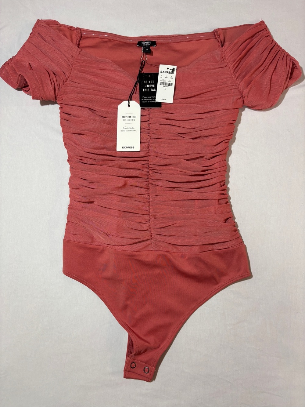 NWT Express Body Contour Ruched Mesh Bodysuit Pink Rose Puff Sleeve Top M